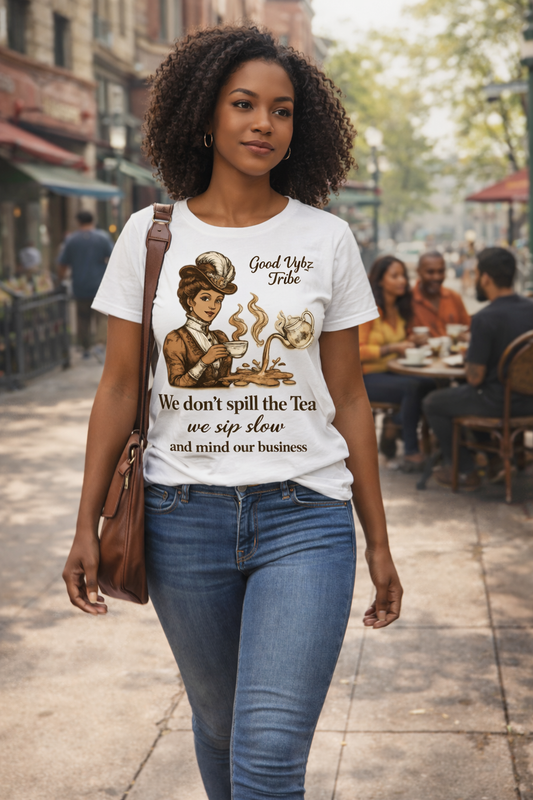 We Don’t Spill the Tea Tee — Good Vybz Tribe Signature Graphic Shirt